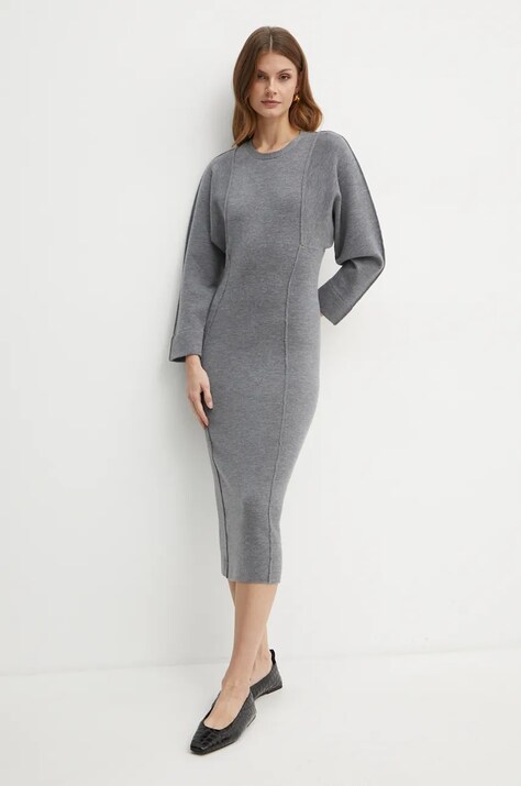 Pinko rochie din lana culoarea gri, midi, mulată, 103944 A221