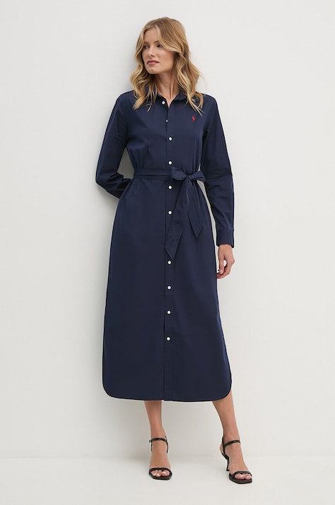 Polo Ralph Lauren rochie din bumbac culoarea bleumarin, maxi, evazată, 211944007