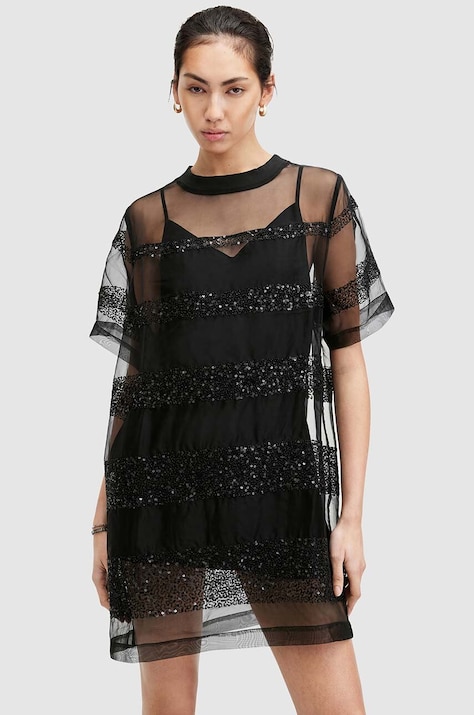 Šaty AllSaints IZABELA EMB černá barva, mini, oversize, W006DA