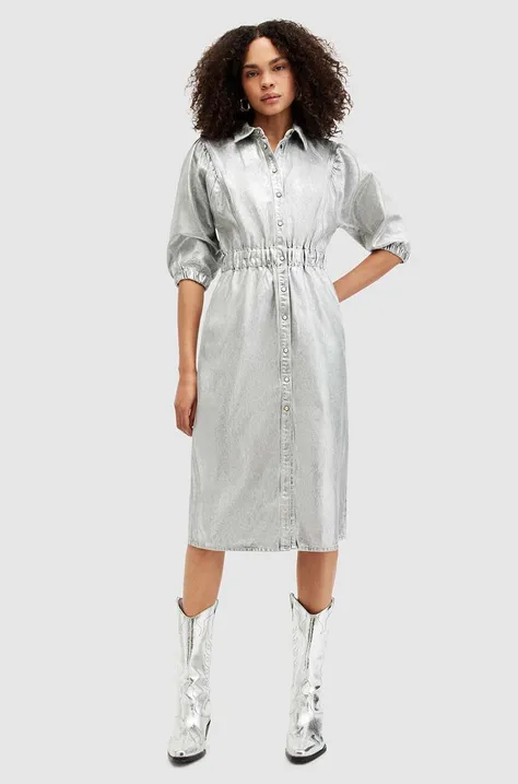 Bavlnené šaty AllSaints OSA DENIM strieborná farba, midi, rovný strih, W080DA