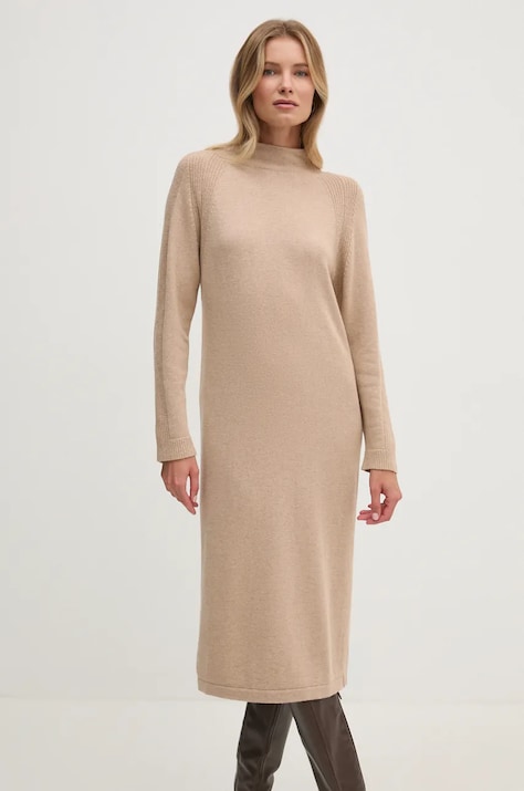 United Colors of Benetton rochie din amestec de lana culoarea bej, midi, oversize, 1235DV01T