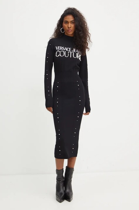 Versace Jeans Couture rochie culoarea negru, midi, mulată, 77HAOM11 CMN60
