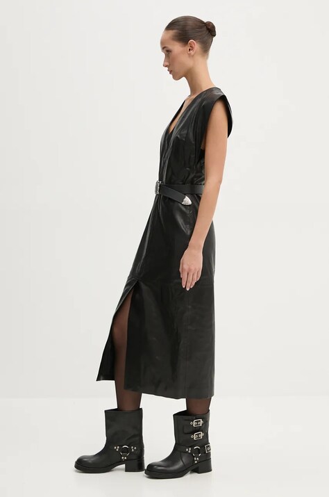 IRO rochie de piele culoarea negru, midi, dreaptă, WM33PENELOPPE