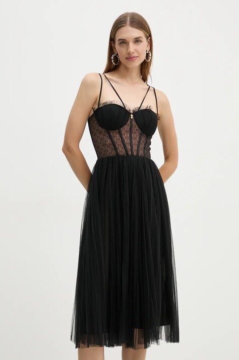 Elisabetta Franchi rochie culoarea negru, midi, evazată, AB73847E2