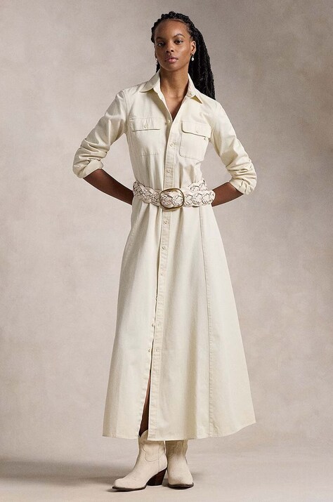 Polo Ralph Lauren rochie din bumbac culoarea bej, maxi, evazată, 211948692