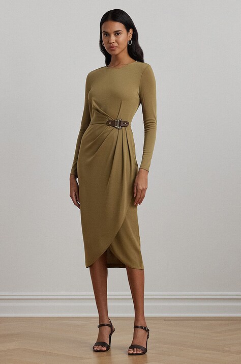 Lauren Ralph Lauren rochie culoarea bej, midi, mulată, 250951397