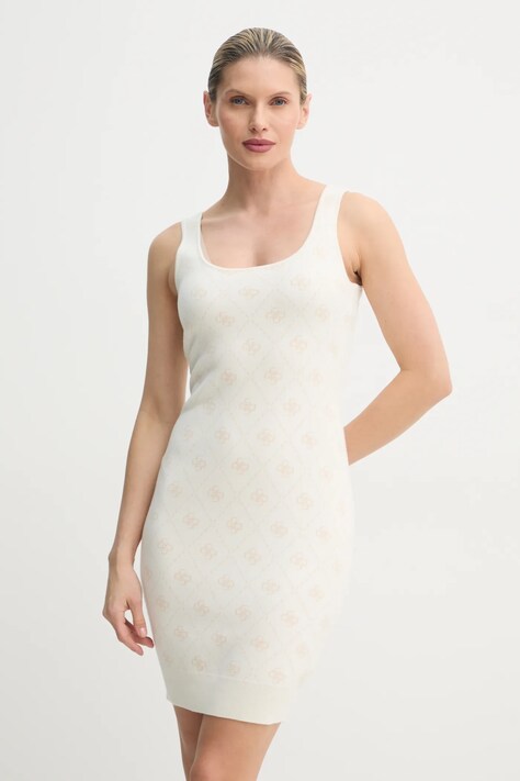 Guess rochie din amestec de lana SARAH culoarea bej, mini, mulată, W4BK98 Z3JD2