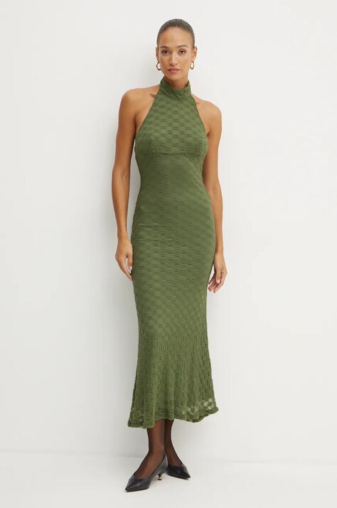 Bardot rochie OLA culoarea verde, maxi, mulată, 59403DB