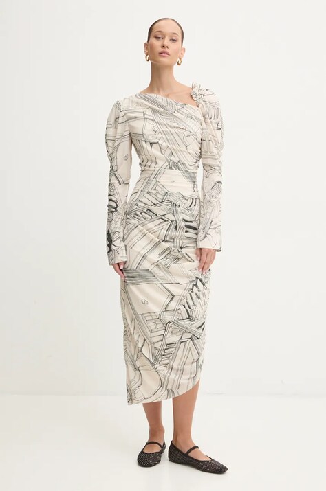 Stine Goya rochie culoarea bej, midi, mulată, D002-2245