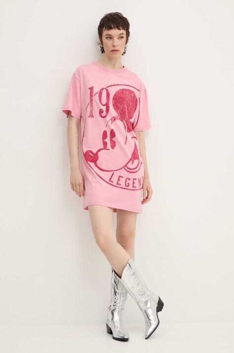 Памучна рокля Desigual 19-MICKEY x Disney в розово къса с уголемена кройка 24WWVK79