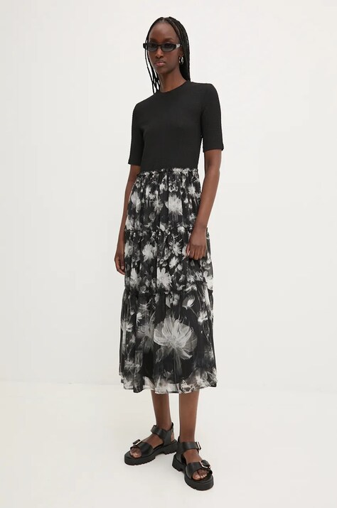 Desigual rochie INIDANÁPOLIS culoarea negru, midi, evazată, 24WWVW54