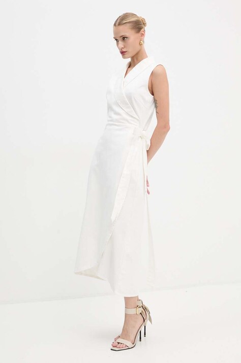 Never Fully Dressed rochie din denim Brooklyn culoarea bej, midi, evazată, NFDDR1501
