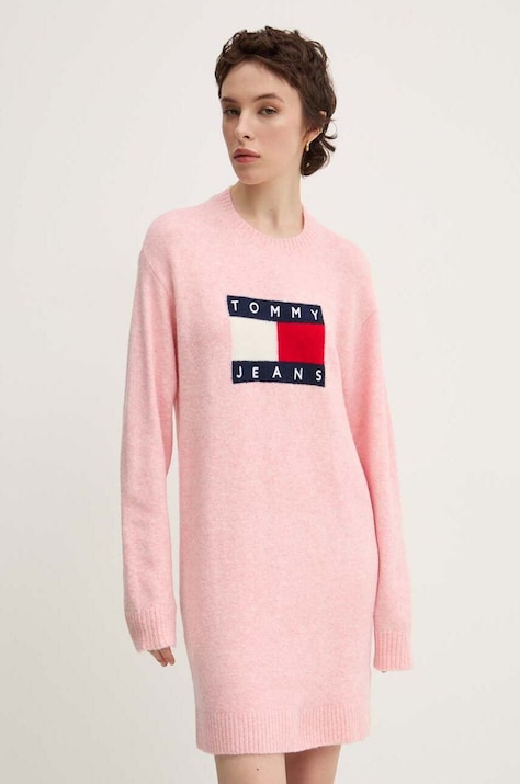Tommy Jeans rochie din amestec de lana culoarea roz, mini, oversize, DW0DW18719