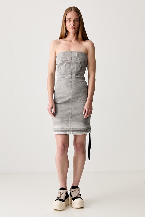 Рокля Rick Owens Splintered Denim Bustier в сиво къса с кройка по тялото DS02D2501.HSCF