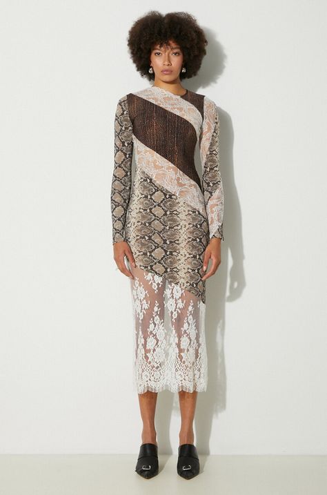 Šaty Marine Serre Upcycled T-Shirts And Lace T-Shirt Dress maxi, priliehavá, WDR294A