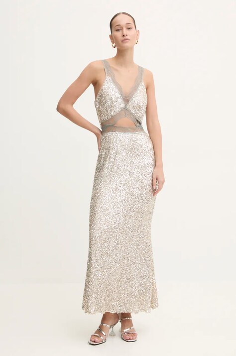 Never Fully Dressed rochie Mimi Dress culoarea argintiu, maxi, evazată, NFDDR1656