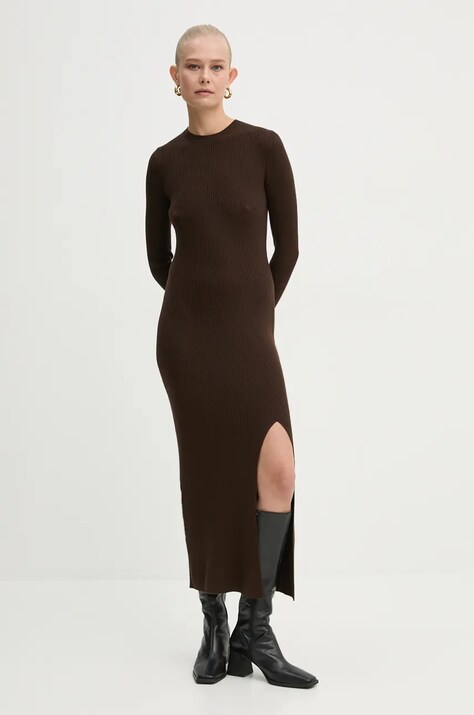 FROM FUTURE rochie din lana culoarea maro, maxi, mulată, WRO02289