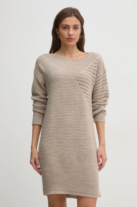 Šaty z vlněné směsi Sisley béžová barva, mini, oversize, 1076MV00W