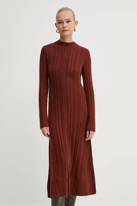 AERON rochie din lana culoarea rosu, midi, evazată, DR548547