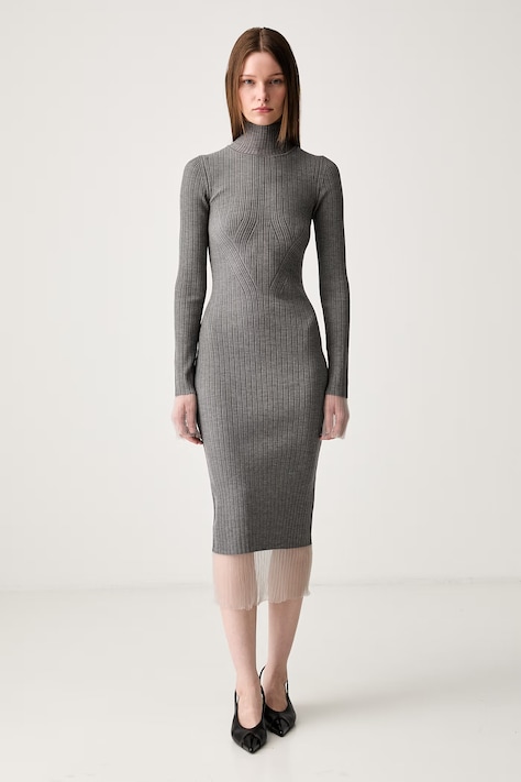 Sportmax Alibi рокля тип пуловер с изчистена шарка с вълна сива 2422326022600