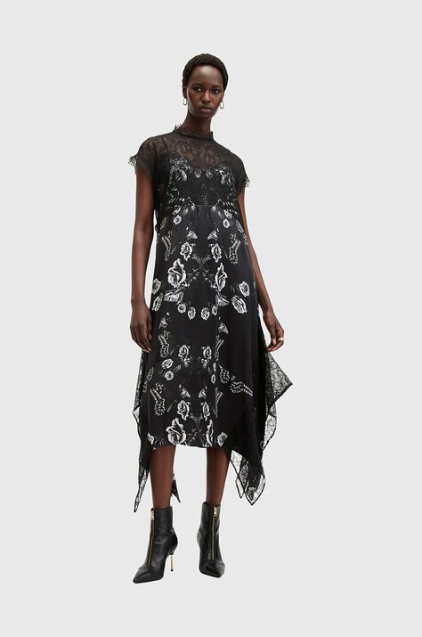 AllSaints rochie din amestec de matase GIAN DRESS culoarea negru, midi, evazată, W026DB