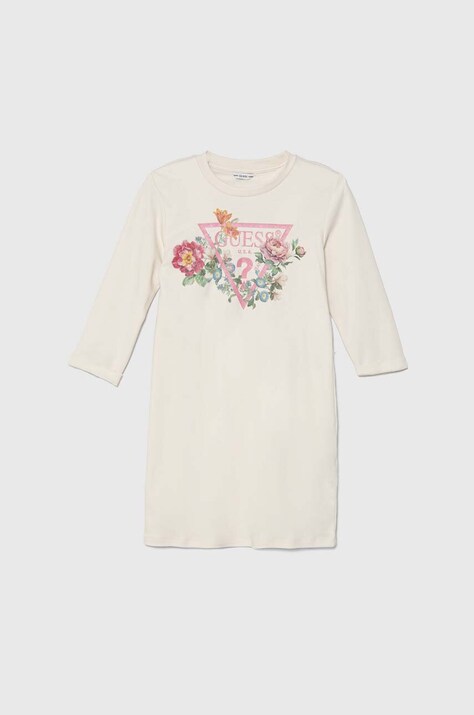 Guess rochie din bumbac pentru copii culoarea bej, mini, dreaptă, J3YK13 KA6W4