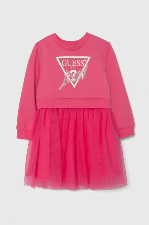 Dievčenské bavlnené šaty Guess ružová farba, mini, áčkový strih, K4YK09 KB8R0