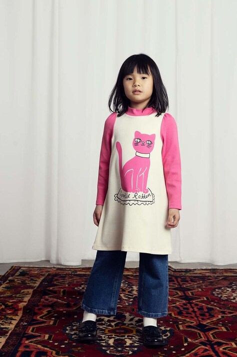 Детска памучна рокля Mini Rodini Cat в розово къса със стандартна кройка 2475010710