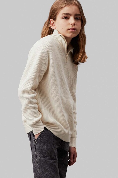 Παιδικό βαμβακερό πουλόβερ Calvin Klein Jeans χρώμα: μπεζ, IB0IB02153