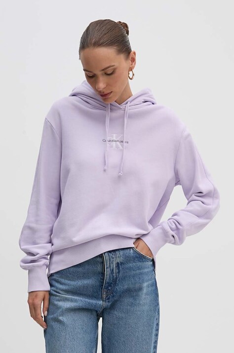 Bombažen pulover Calvin Klein Jeans vijolična barva, s kapuco, J20J223534