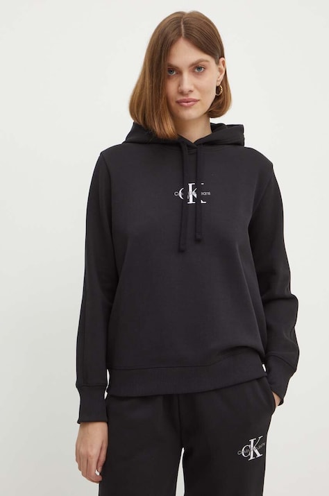 Calvin Klein Jeans bluza damska kolor czarny z kapturem z aplikacją J20J223536