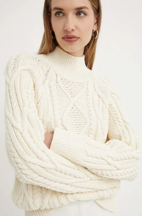 BOSS sweter z domieszką wełny damski kolor beżowy ciepły z półgolfem 50518369
