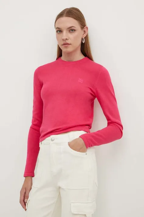 Bavlněný svetr HUGO růžová barva, lehký, 50514296