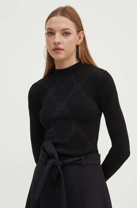 Пуловер HUGO дамски в черно с ниско поло 50518323