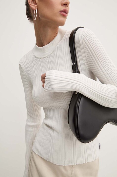 Пуловер HUGO дамски в бежово от лека материя с ниско поло 50518311