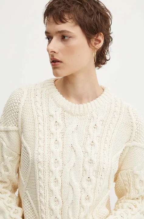 HUGO sweter z domieszką wełny damski kolor beżowy  50518327