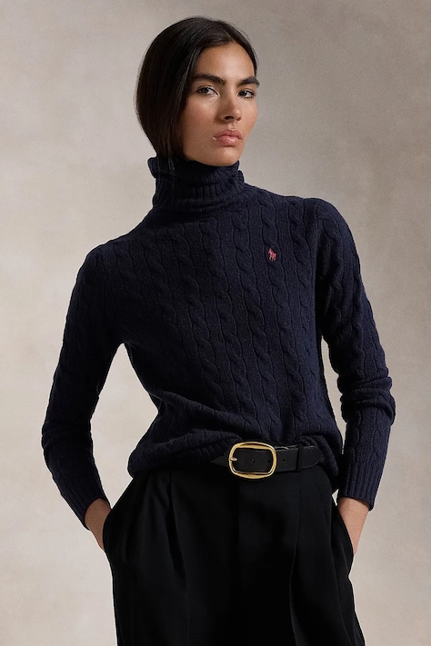 Вълнен пуловер Polo Ralph Lauren дамски в синьо от лека материя с поло 211888686