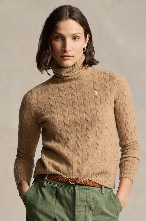 Вълнен пуловер Polo Ralph Lauren дамски в бежово от лека материя с поло 211888686
