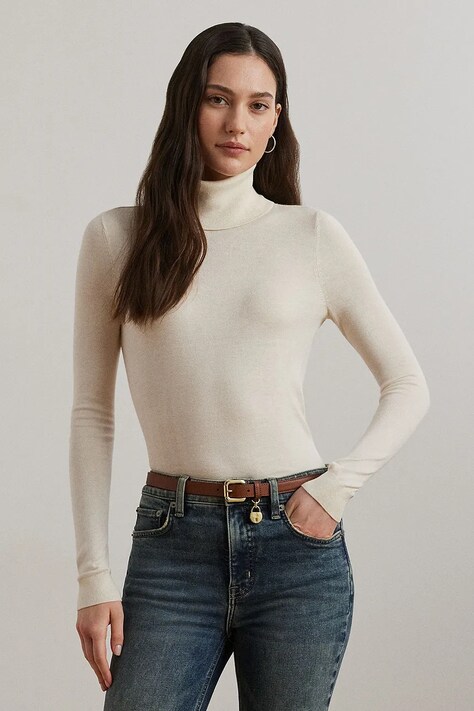 Lauren Ralph Lauren pulover din amestec de mătase culoarea bej, light, cu guler, 200940470