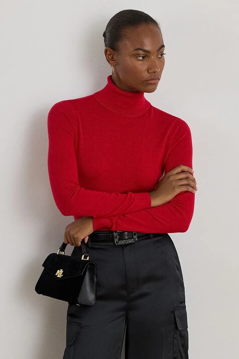 Lauren Ralph Lauren pulover din amestec de mătase culoarea rosu, cu guler, 200940470