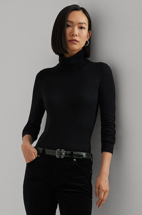 Lauren Ralph Lauren pulover din amestec de mătase culoarea negru, light, cu guler, 200940470