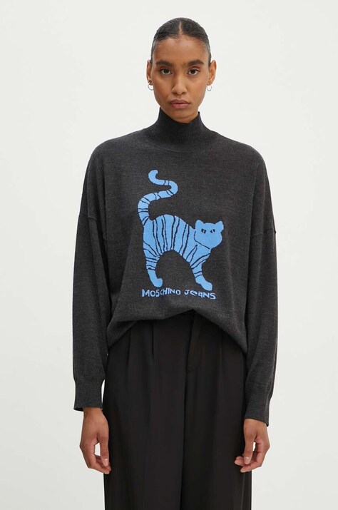 Vuneni pulover Moschino Jeans za žene, boja: siva, lagani, s poludolčevitom, 0912.8203