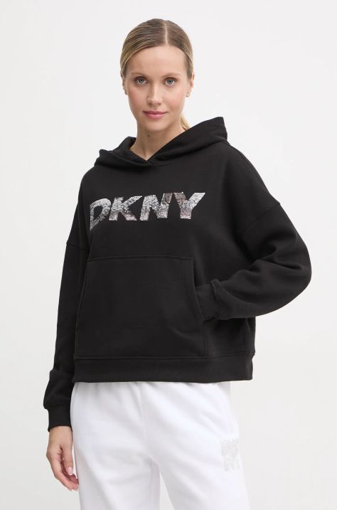 Dkny bluză femei, culoarea negru, cu glugă, cu imprimeu, DP4T1031