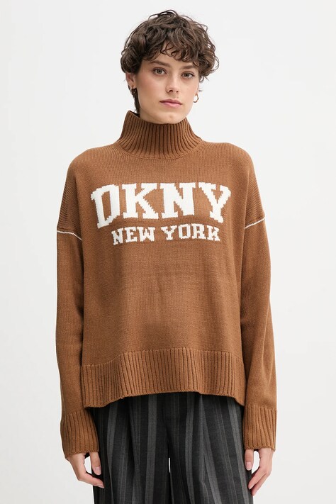 Dkny sweter damski kolor brązowy z półgolfem DJ4R0386
