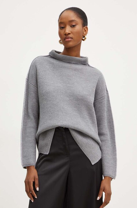 Max Mara Leisure pulover de lana femei, culoarea gri, călduros, cu turtleneck, 2426366178600