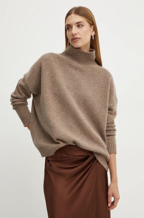 Weekend Max Mara sweter wełniany damski kolor brązowy z golfem 2425366082600