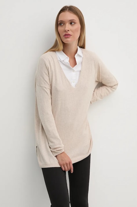 Pepe Jeans sweter z domieszką wełny ISELA V-NECK damski kolor beżowy lekki PL702220
