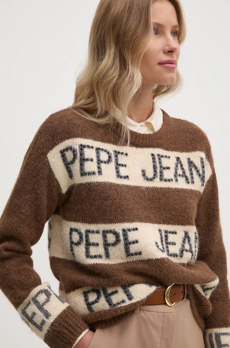 Pepe Jeans pulover din amestec de lana HELMI femei, culoarea maro, PL702226