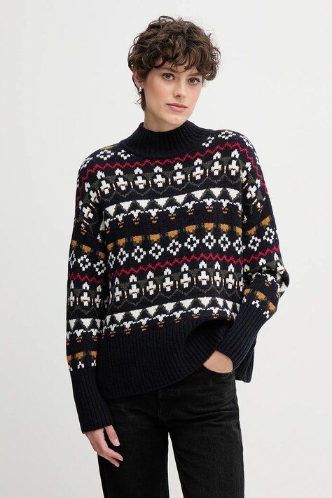 Barbour sweter z dodatkiem wełny damski kolor granatowy ciepły z półgolfem LKN1557