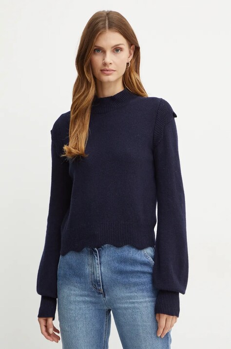 Twinset pulover de lana femei, culoarea albastru marin, cu turtleneck, 242TT3321